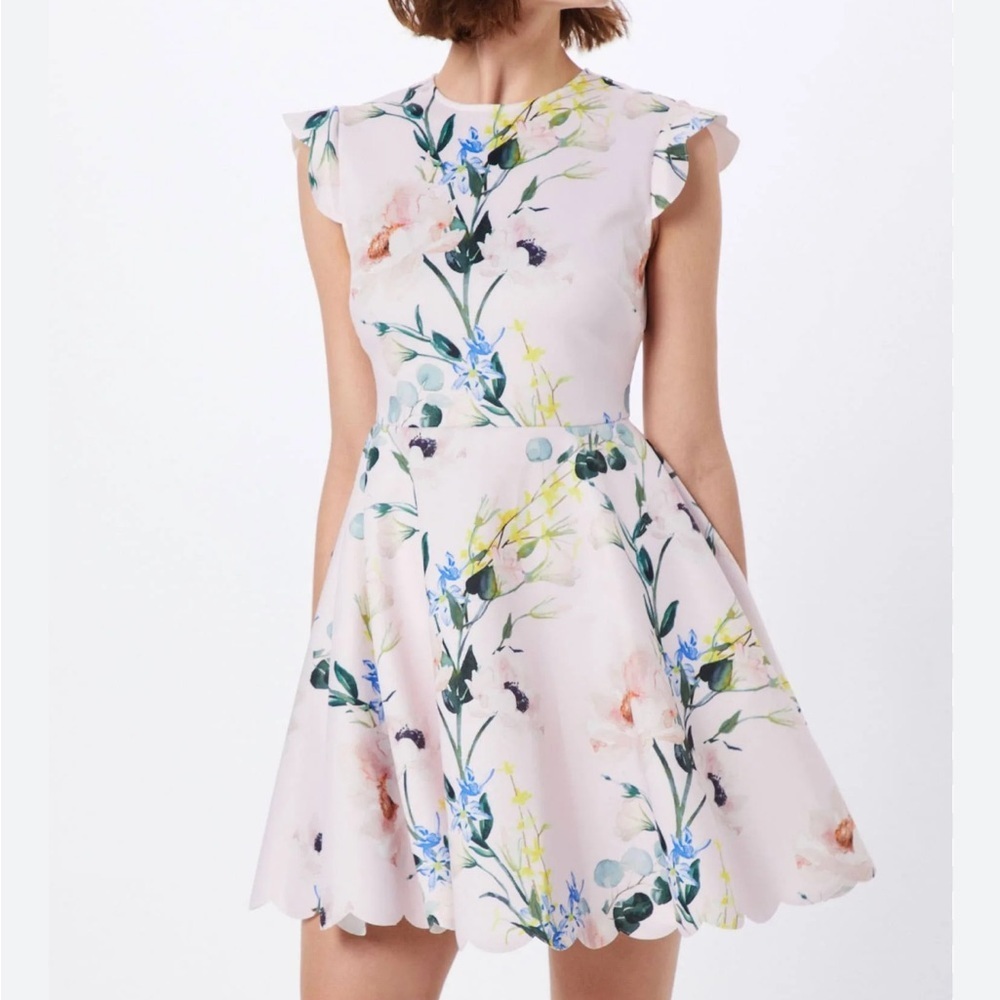 Ted Baker Karsali Elegance Scallop Skater Nude Pink Floral Cap Sleeve Dress 2 XS - Picture 7 of 16